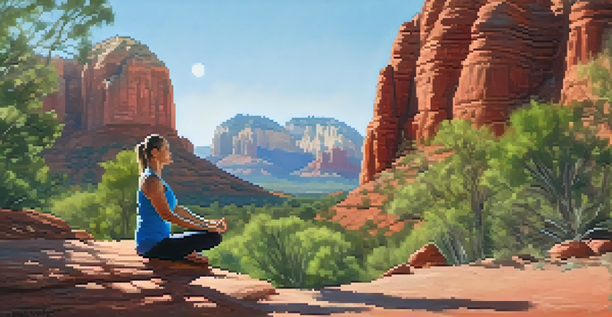 A peaceful Sedona landscape with red rock formations, clear sky, and a person practicing yoga on a mat in the foreground.