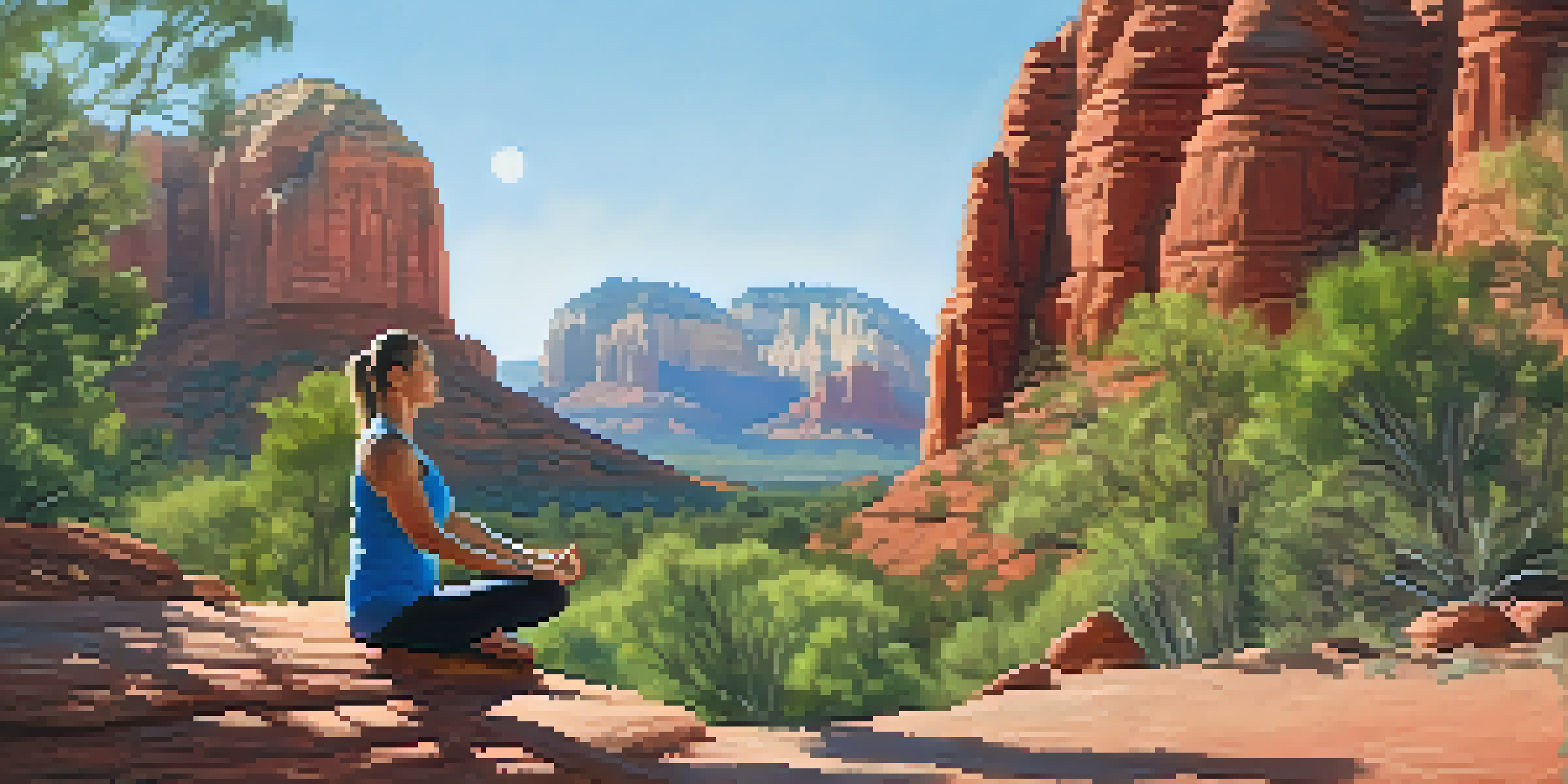 A peaceful Sedona landscape with red rock formations, clear sky, and a person practicing yoga on a mat in the foreground.