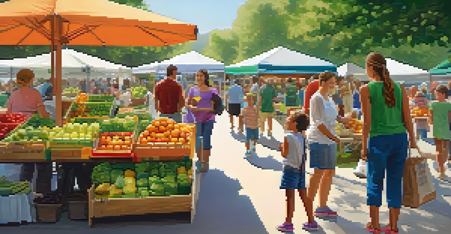 A happy family at a farmers' market, with children tasting fruits and parents chatting with vendors, surrounded by colorful stalls and greenery.