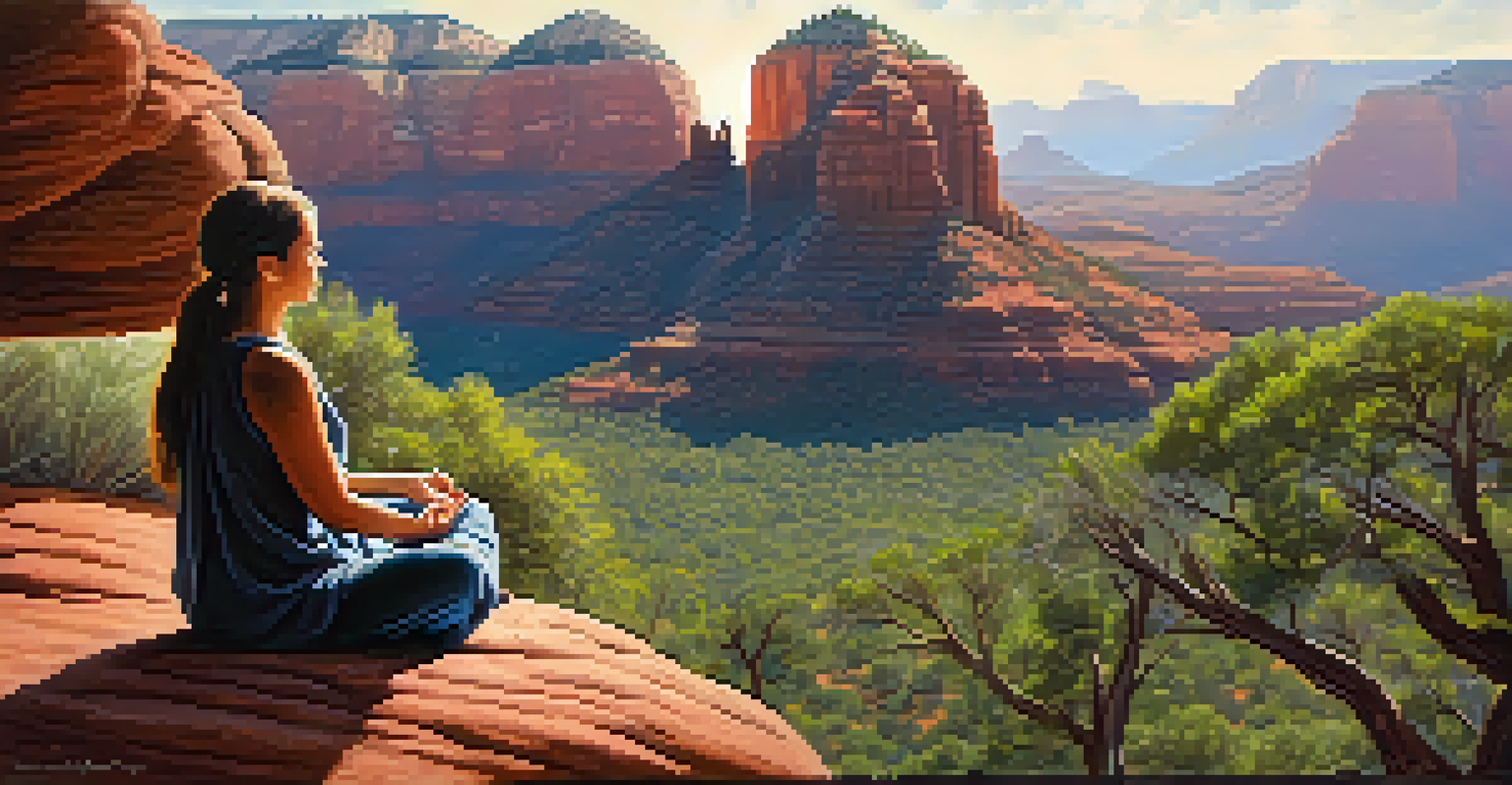 A peaceful scene of a person meditating at a Sedona vortex, surrounded by greenery and sunlight filtering through trees.