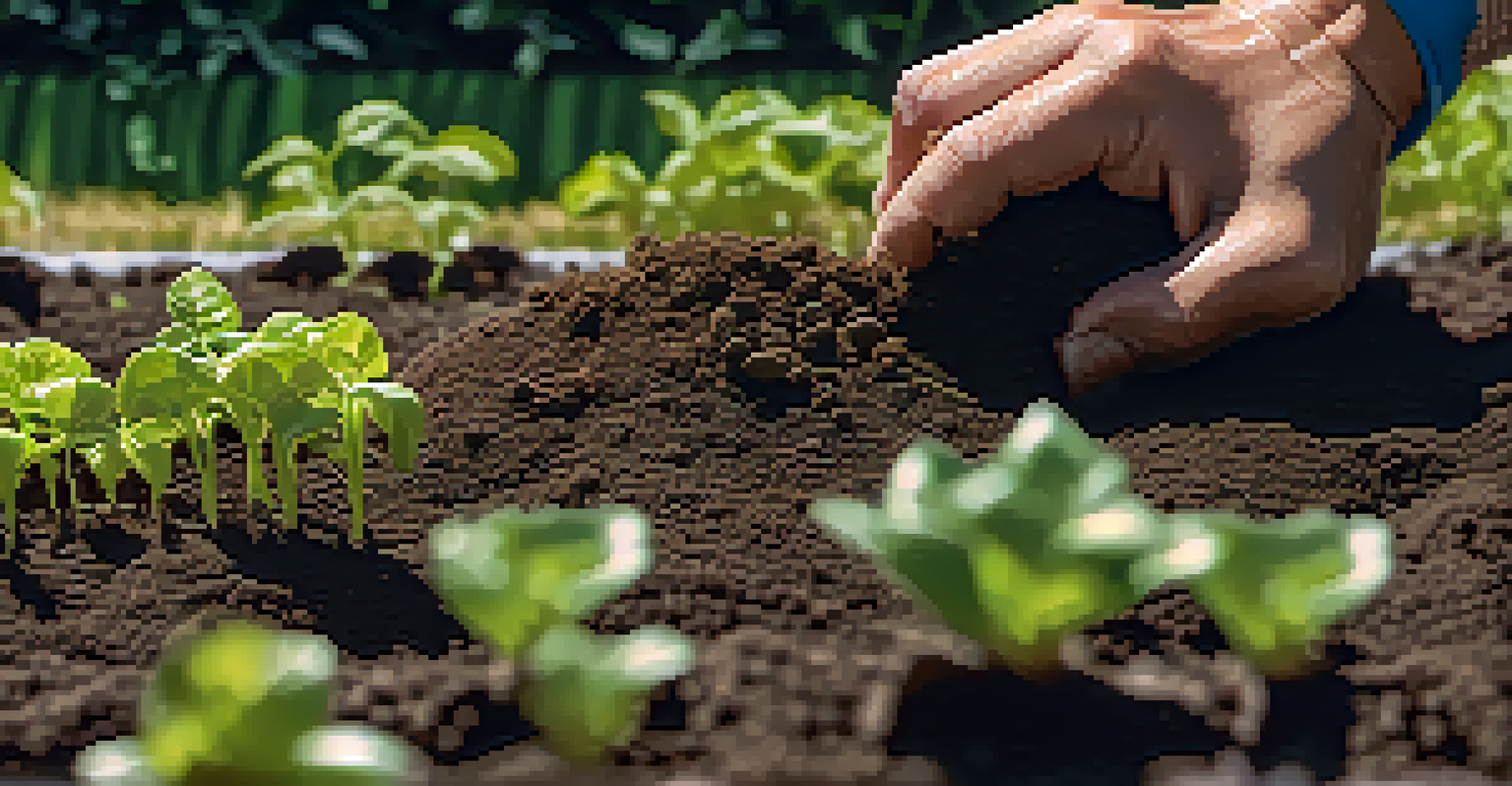 Close-up of hands planting seeds in soil, surrounded by tiny green seedlings in a well-lit community garden.