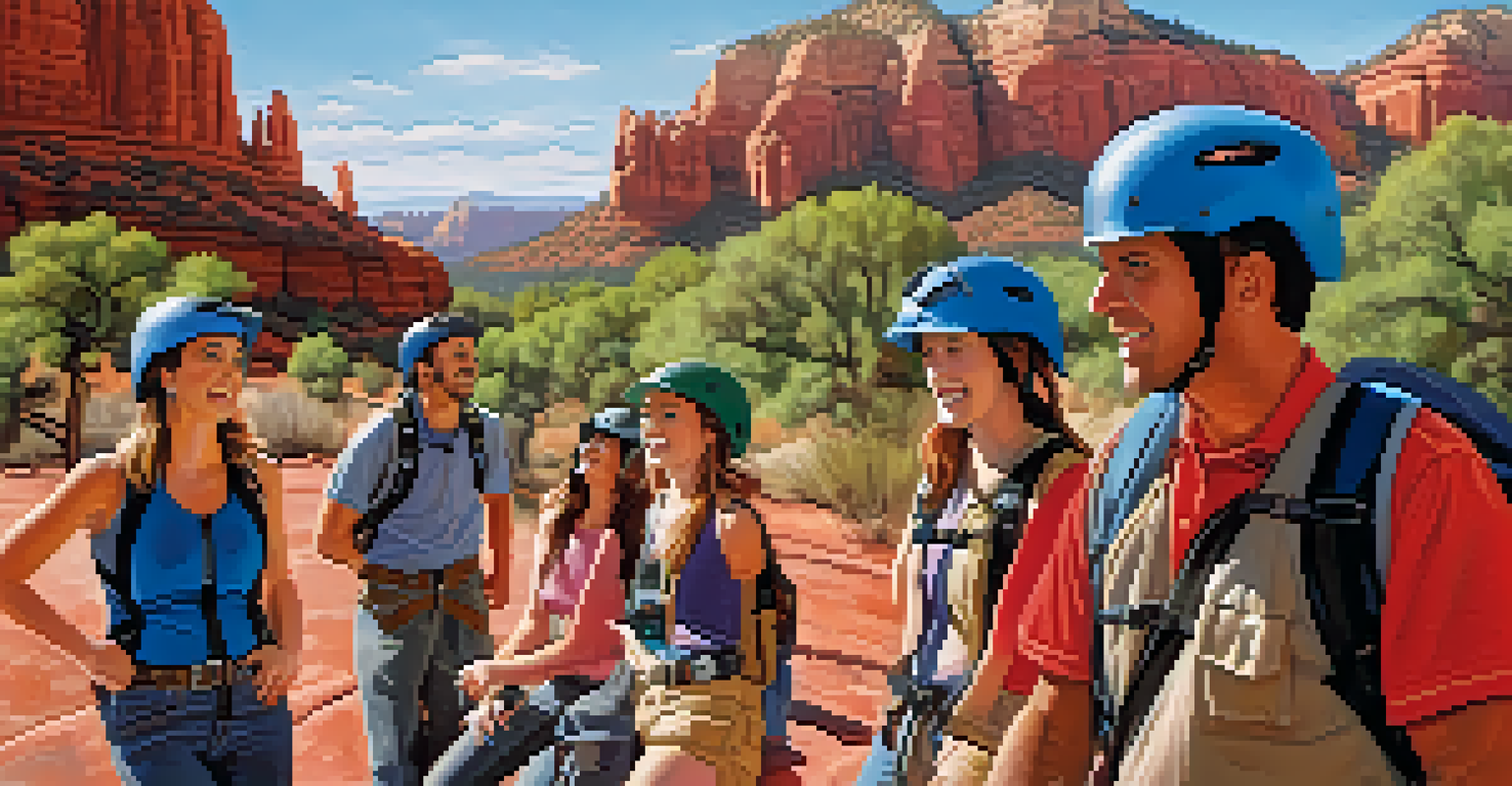 A group of friends getting ready for a zip-lining adventure in Sedona, with a breathtaking landscape in the background.