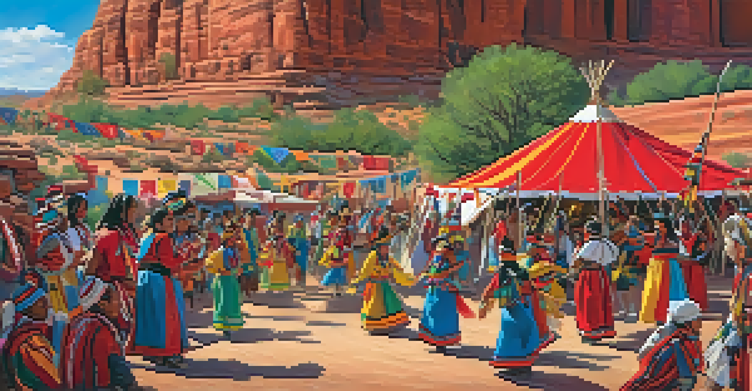 A lively Hopi festival with dancers in traditional attire against a red rock backdrop.