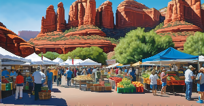A bustling farmers' market in Sedona with colorful stalls, fresh produce, and artisans interacting with customers against a backdrop of red rock formations.