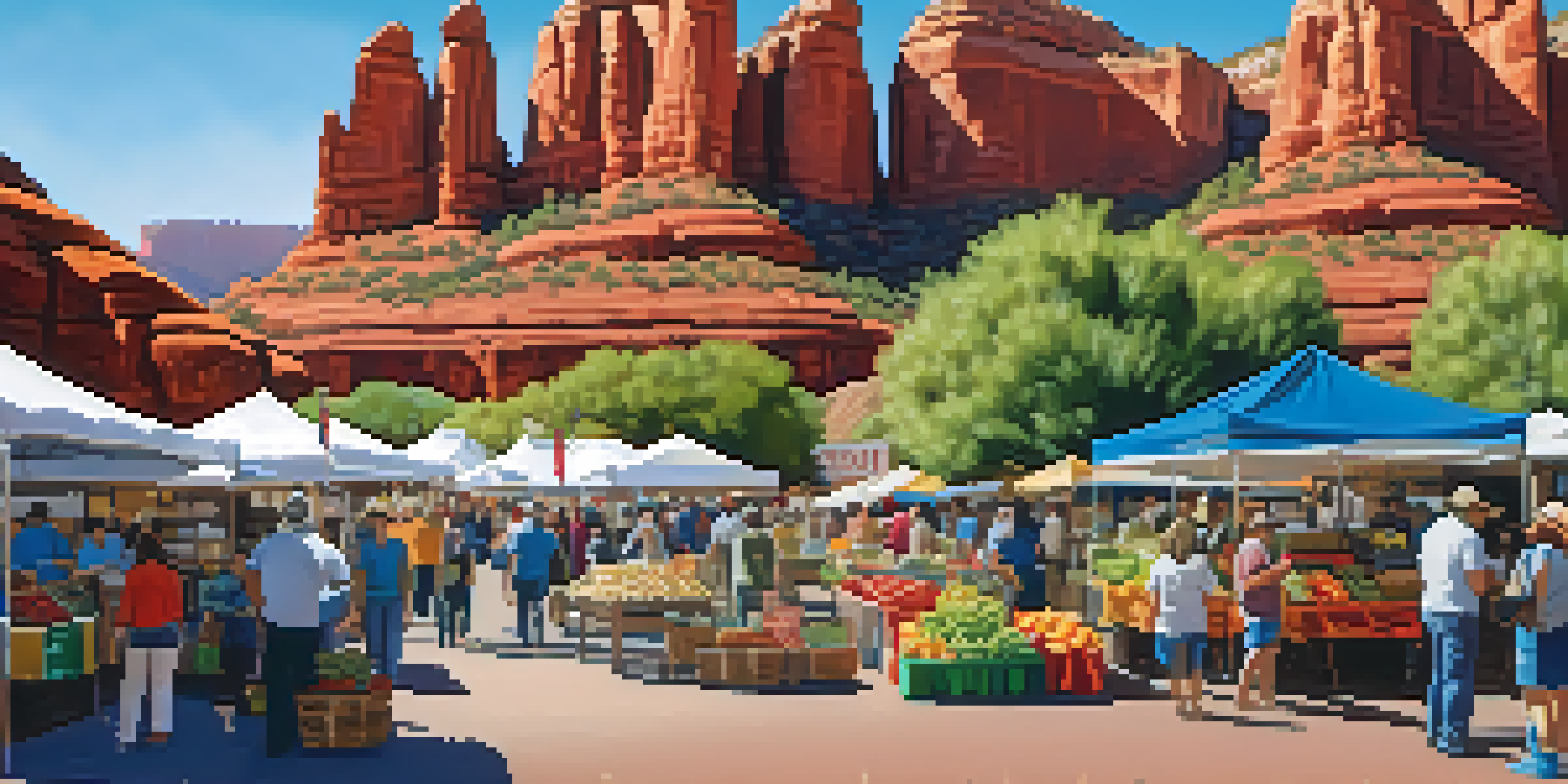 A bustling farmers' market in Sedona with colorful stalls, fresh produce, and artisans interacting with customers against a backdrop of red rock formations.