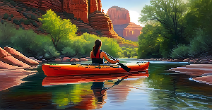 A peaceful early morning view of Oak Creek with a kayak on the water, surrounded by red rock formations and greenery.