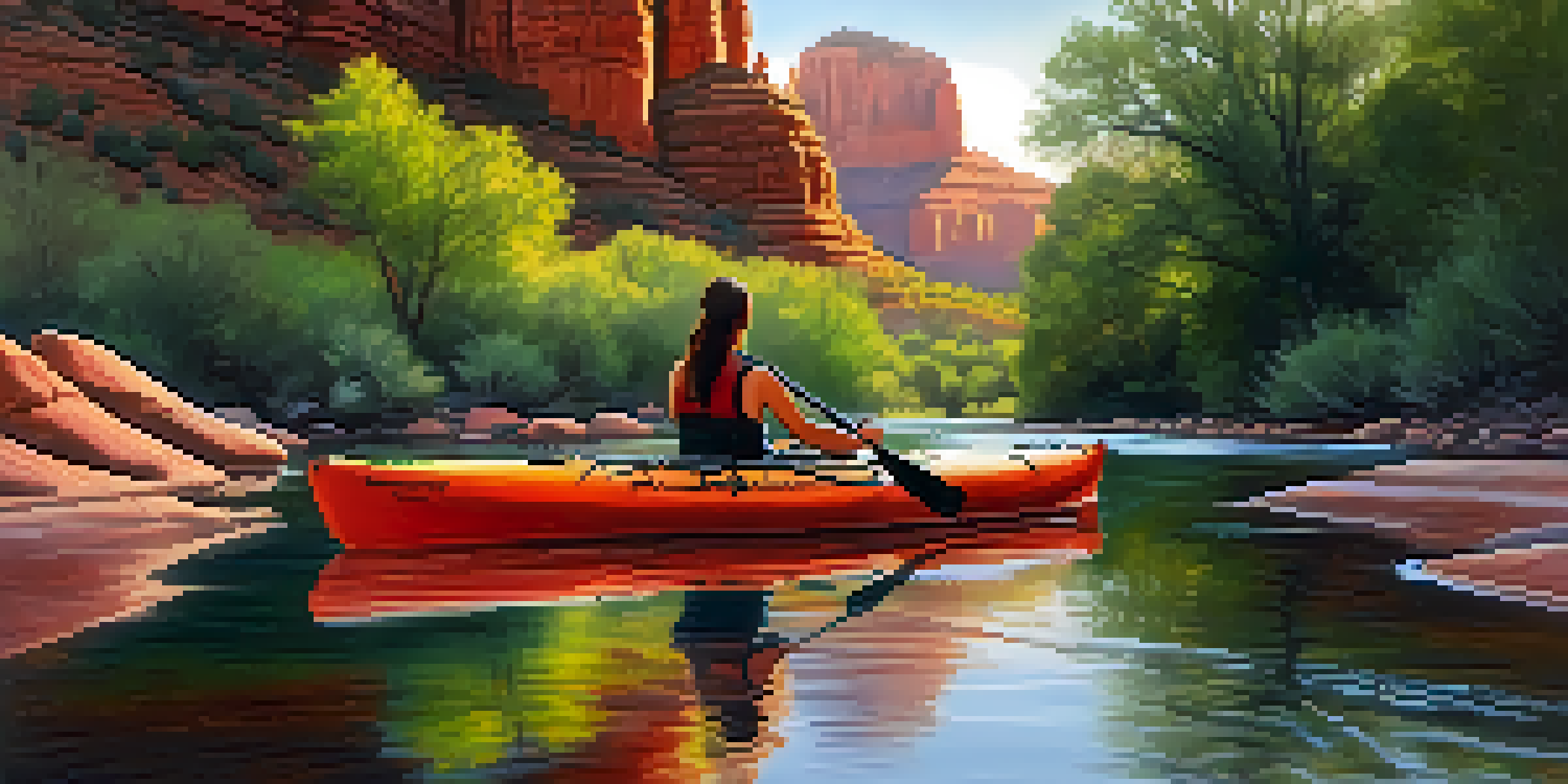 A peaceful early morning view of Oak Creek with a kayak on the water, surrounded by red rock formations and greenery.
