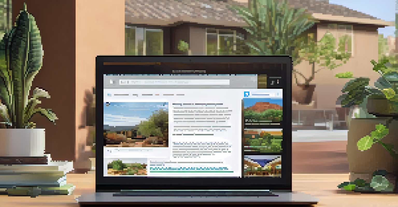 A laptop showing a digital community engagement platform with discussions about Sedona's development, set in a cozy home office.