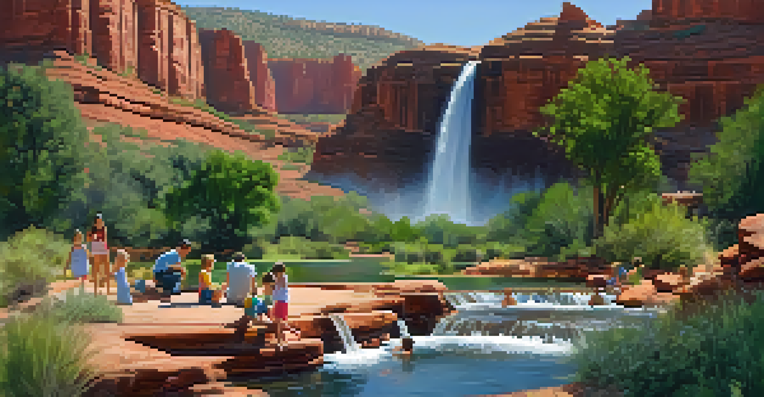 A peaceful picnic area at Grasshopper Point, with a gentle waterfall and families enjoying the natural surroundings in Sedona.