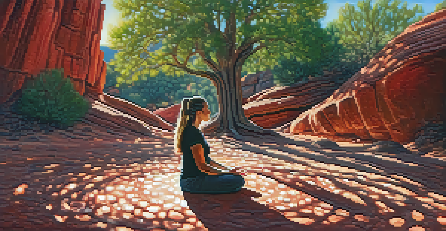 A person meditating among red rocks in Sedona, surrounded by healing crystals and soft sunlight.