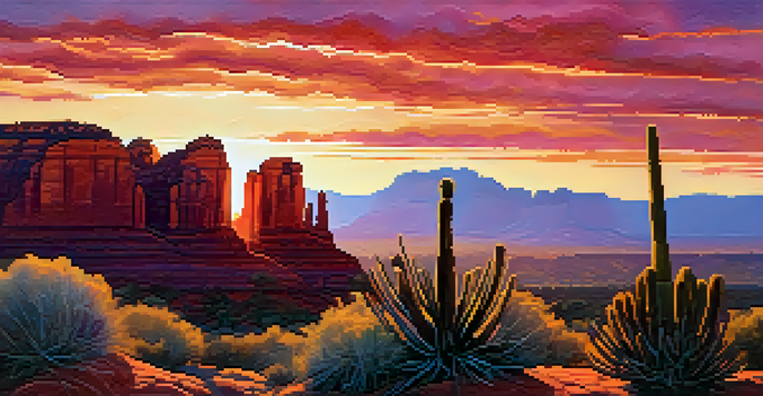 A stunning sunset over red rock formations in Sedona, with vibrant colors lighting up the sky and a silhouette of a cactus in the foreground.