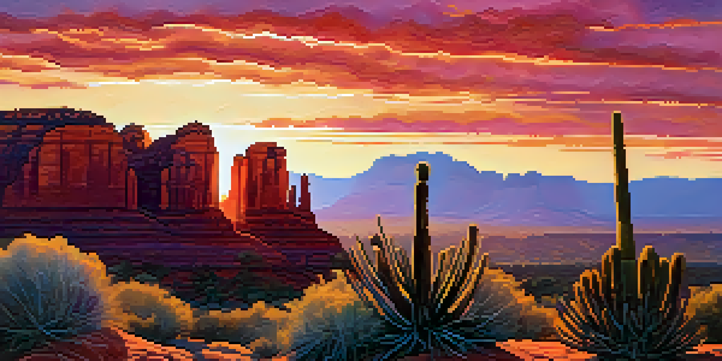 A stunning sunset over red rock formations in Sedona, with vibrant colors lighting up the sky and a silhouette of a cactus in the foreground.