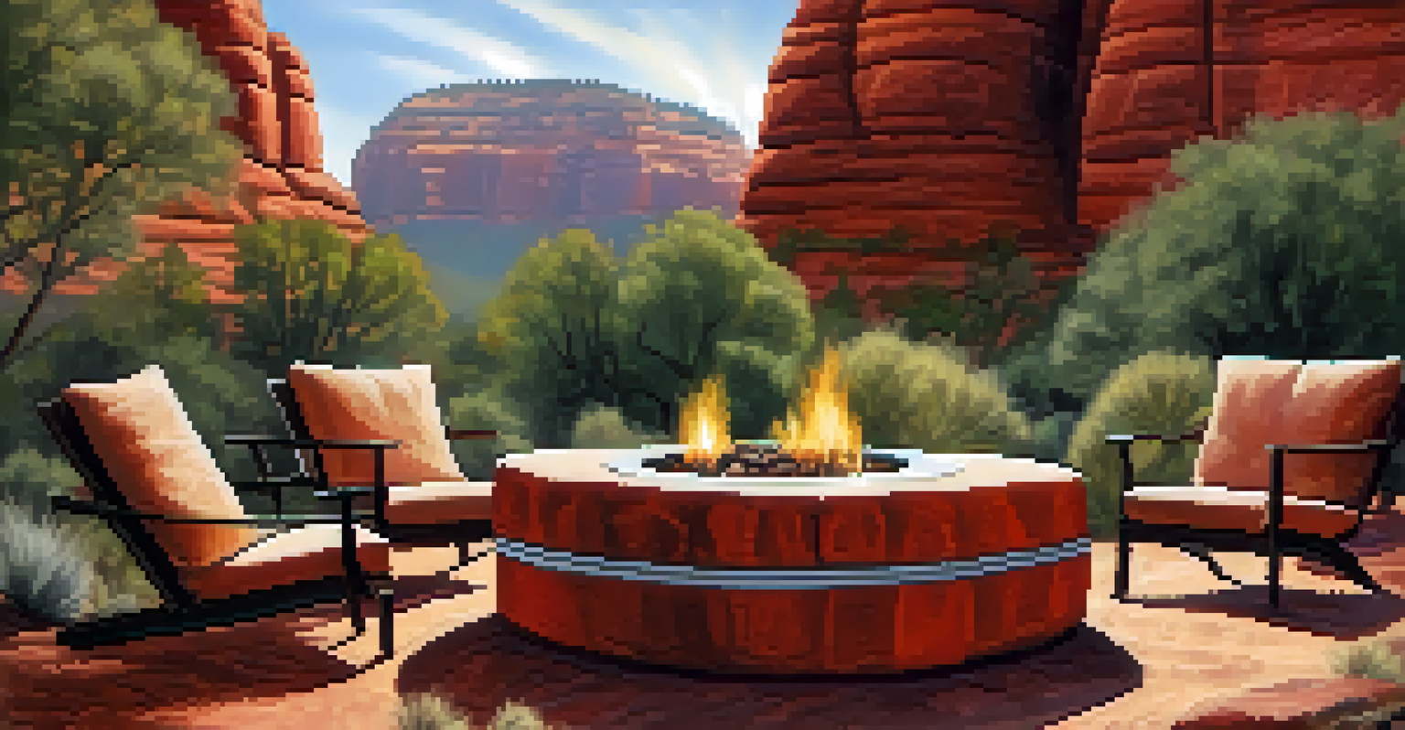 An outdoor spiritual retreat setting in Sedona with cushions arranged around a fire pit, surrounded by trees and red rocks, featuring a journal and crystal.