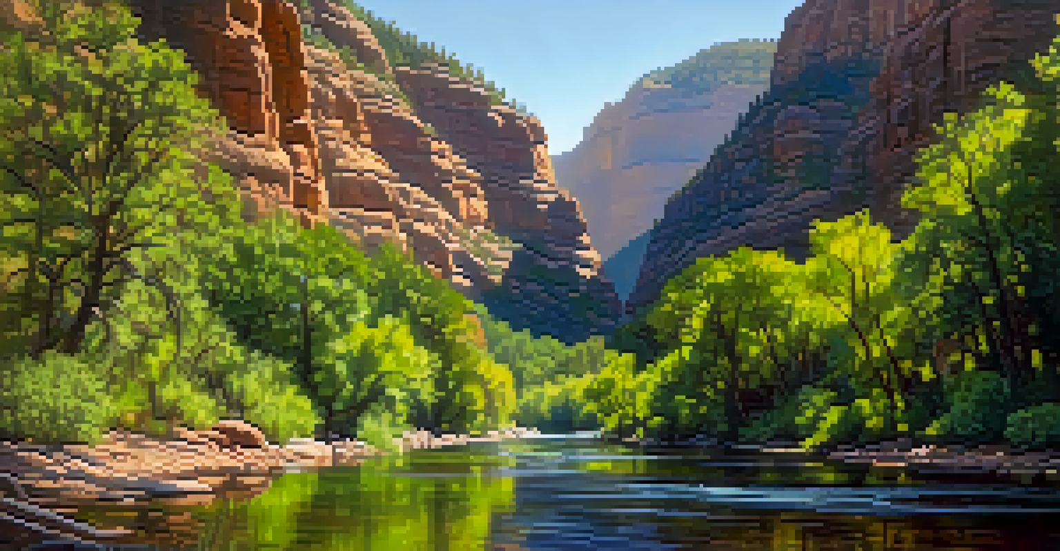 A tranquil view of Oak Creek Canyon with lush foliage, reflecting water, and rocky cliffs bathed in dappled sunlight.