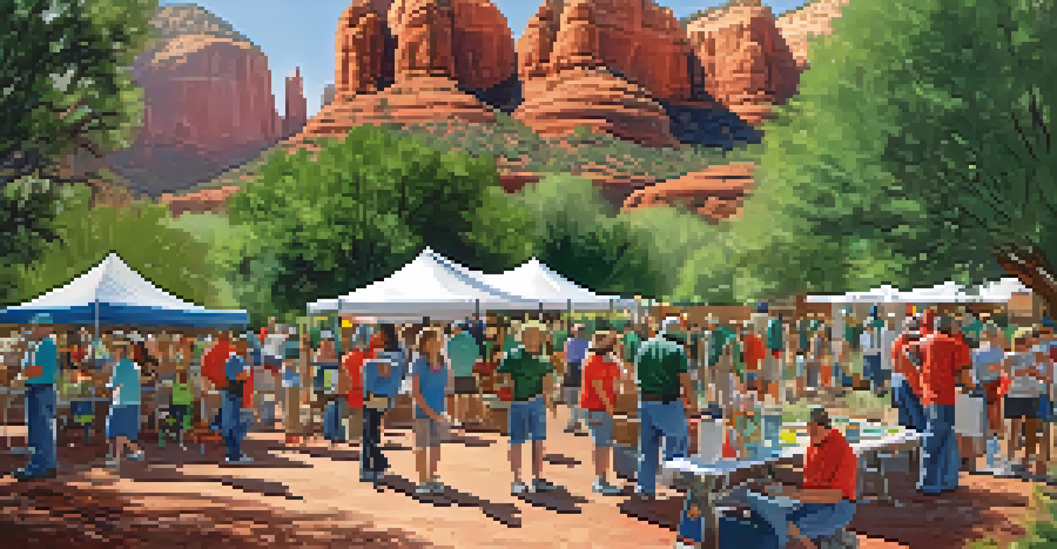 A community clean-up event in Sedona's park, with diverse people working together in a lush, green environment.
