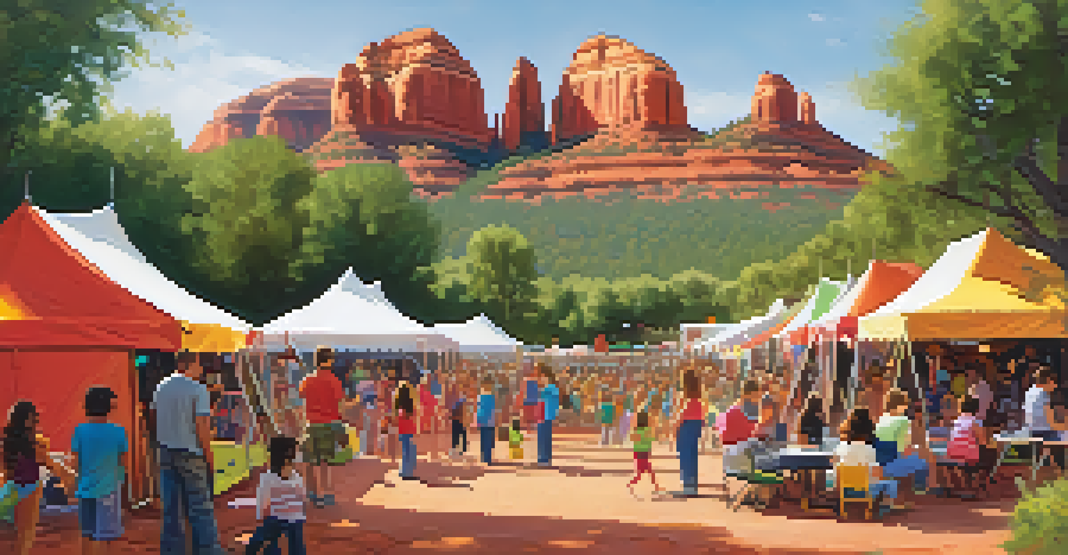 A family-friendly music festival in Sedona with people participating in interactive music workshops surrounded by art displays and nature.