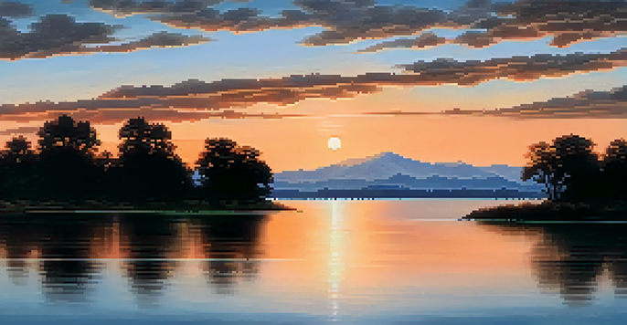 A peaceful sunset landscape with a lake reflecting warm colors and soft clouds, mountains in the background, captured in long exposure.