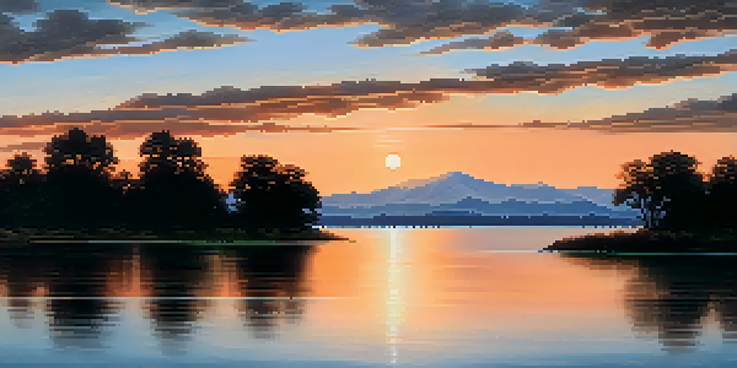 A peaceful sunset landscape with a lake reflecting warm colors and soft clouds, mountains in the background, captured in long exposure.