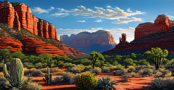A panoramic view of red rock formations in Sedona, featuring the Cursed Stone in the foreground, with a clear blue sky and a golden sunset.