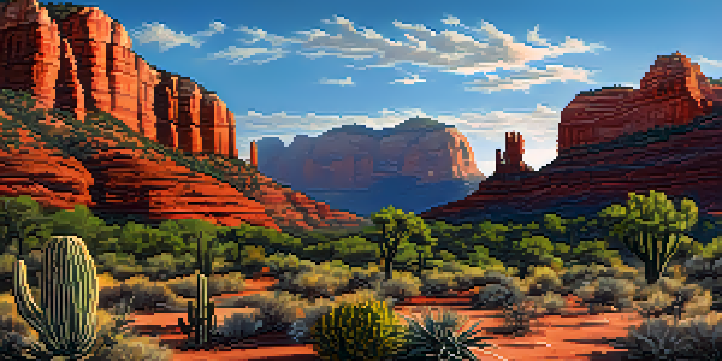 A panoramic view of red rock formations in Sedona, featuring the Cursed Stone in the foreground, with a clear blue sky and a golden sunset.