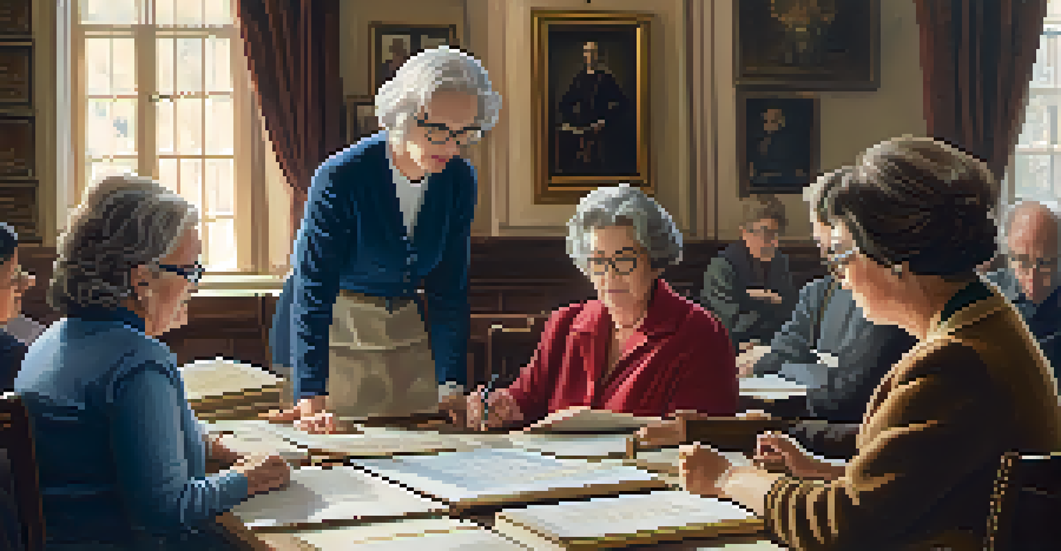 An indoor genealogy workshop with an instructor explaining to participants, surrounded by historical documents and research materials.