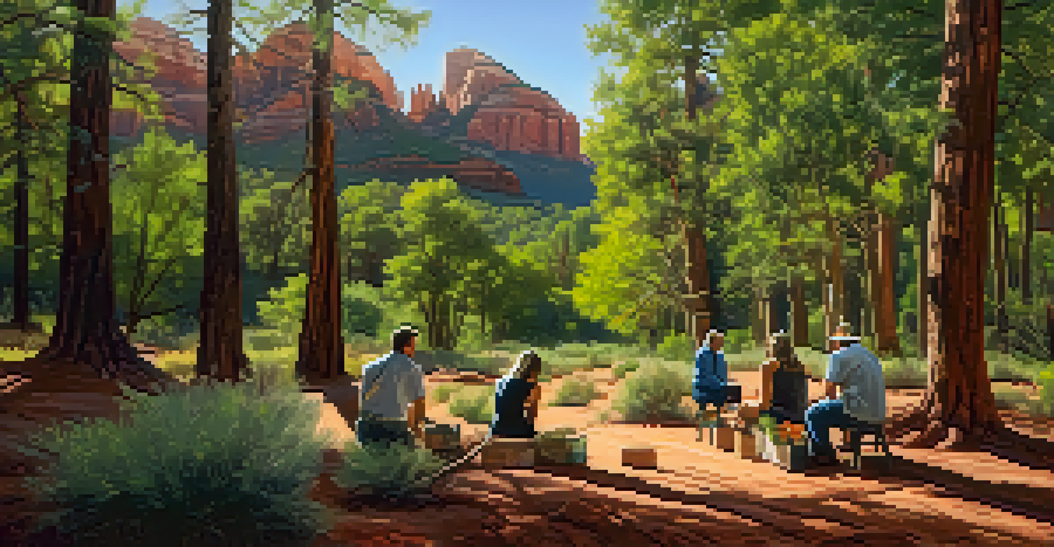 Locals participating in a tree planting initiative in a lush forest area of Sedona, with sunlight filtering through the trees.