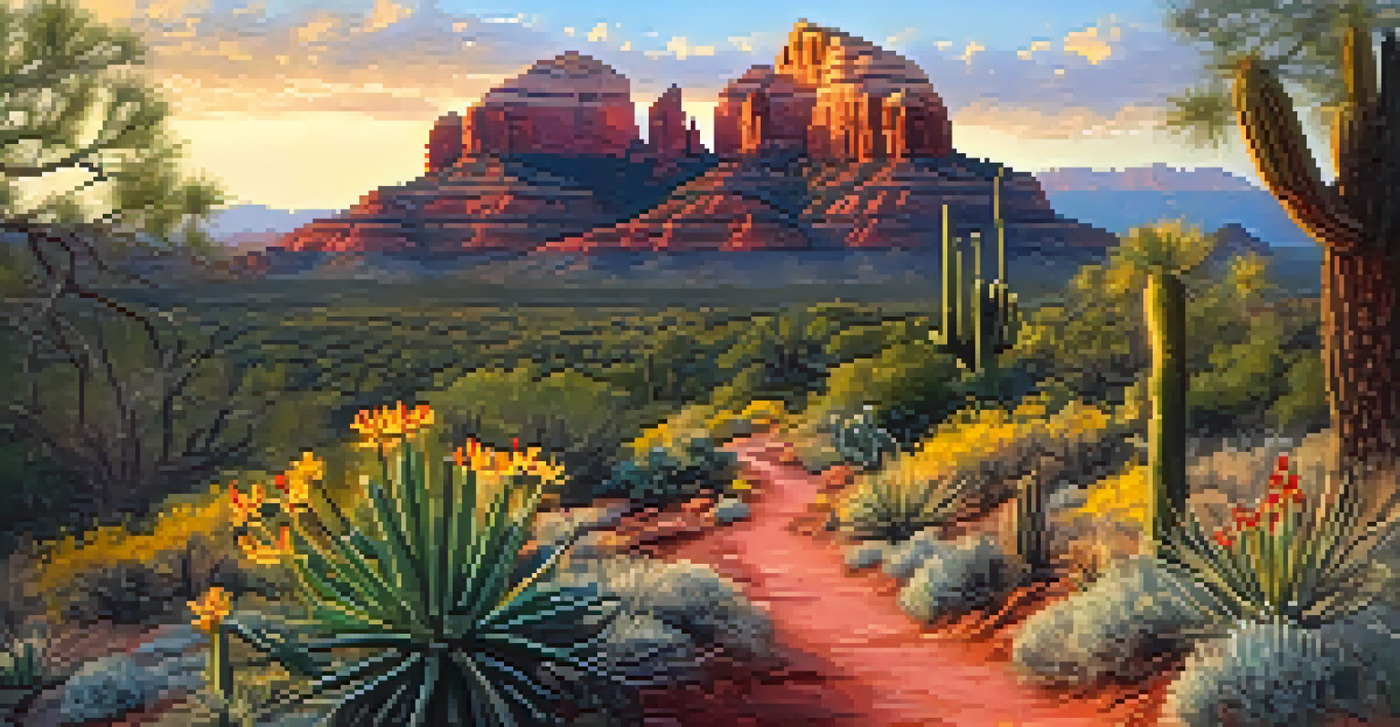 A hiking trail in Sedona with wildflowers and cacti, leading to a viewpoint with red rocks illuminated by sunset.