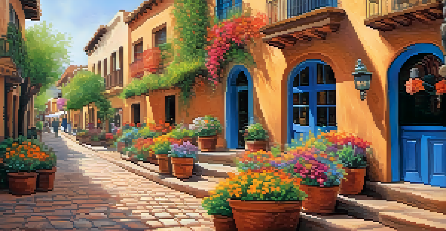 A charming cobblestone street in Tlaquepaque, Sedona, showcasing colorful art and traditional architecture.