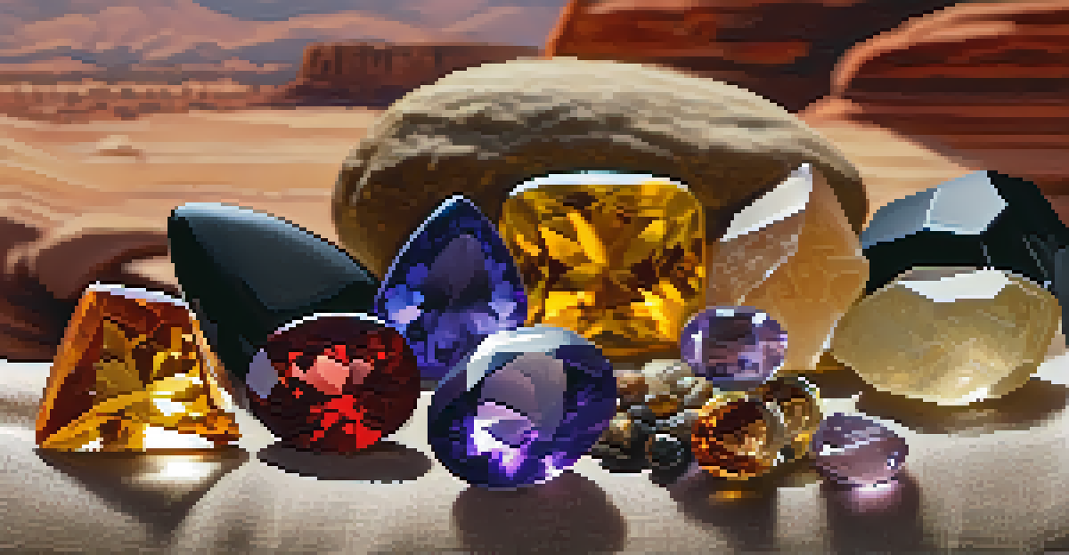 A close-up of colorful gemstones arranged on fabric, with Sedona's red rocks blurred in the background.