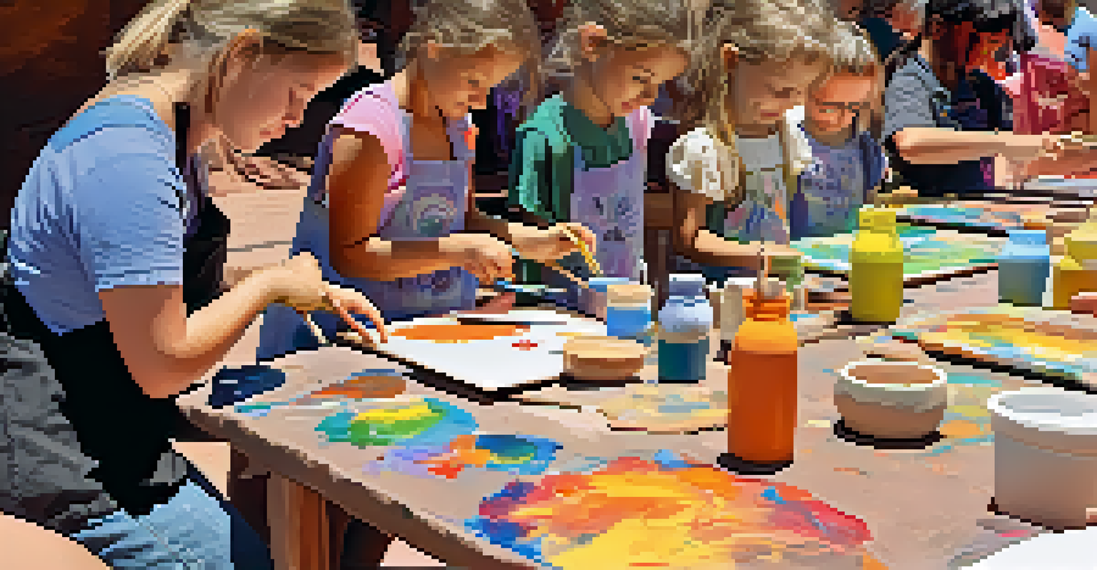 A workshop scene at an art festival with people of all ages happily engaged in creative activities like painting and pottery under bright natural light.