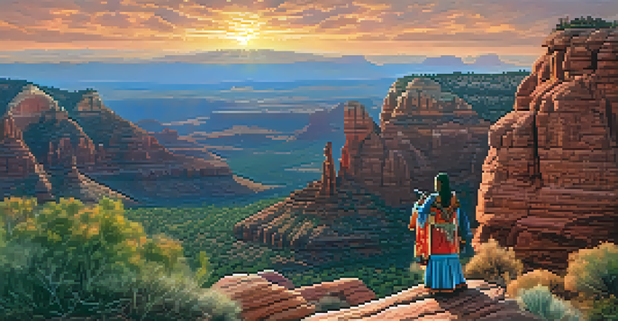 A panoramic view of red rock formations in Sedona during sunset, featuring a Native American flute player in traditional attire.