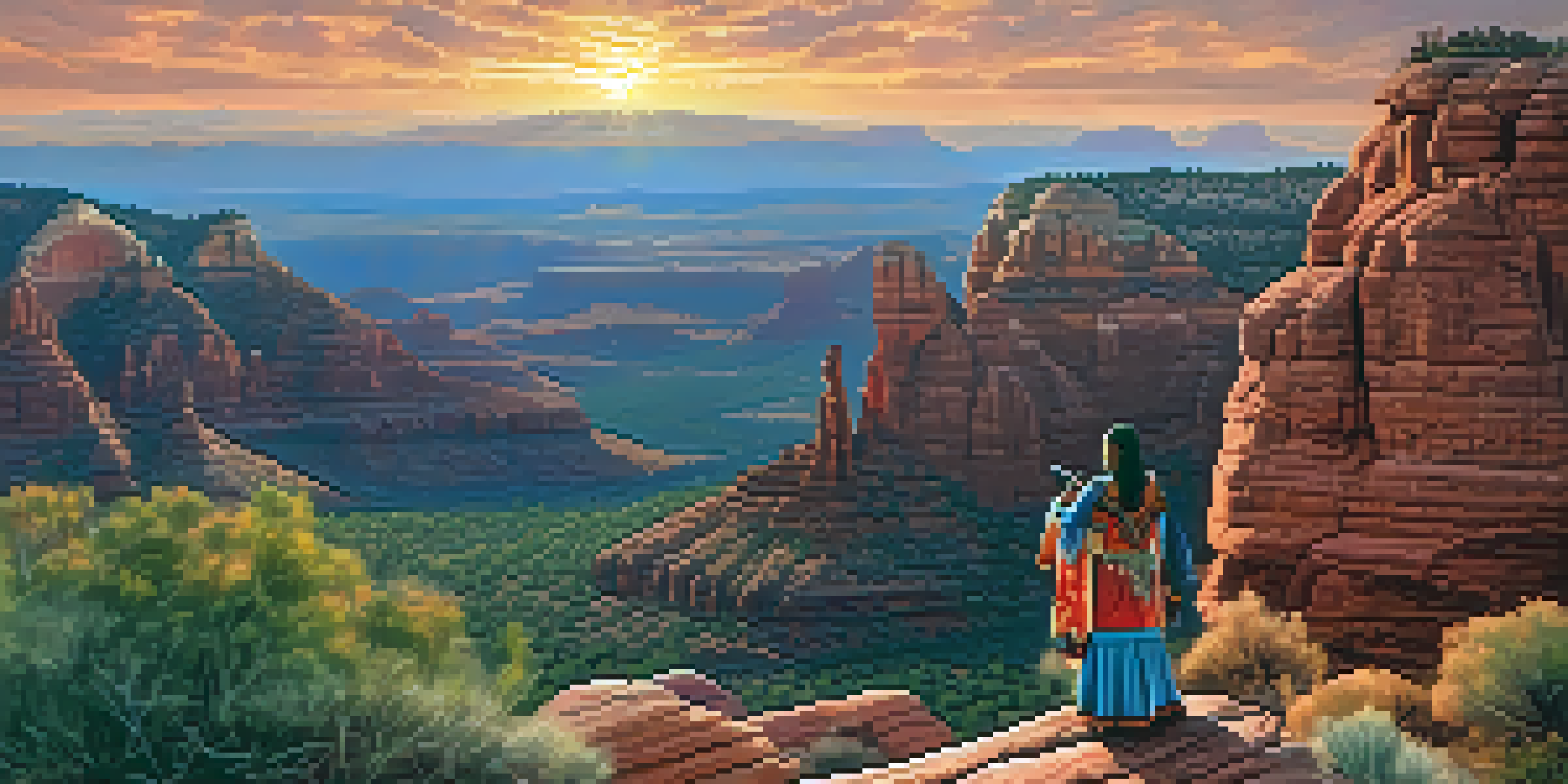 A panoramic view of red rock formations in Sedona during sunset, featuring a Native American flute player in traditional attire.