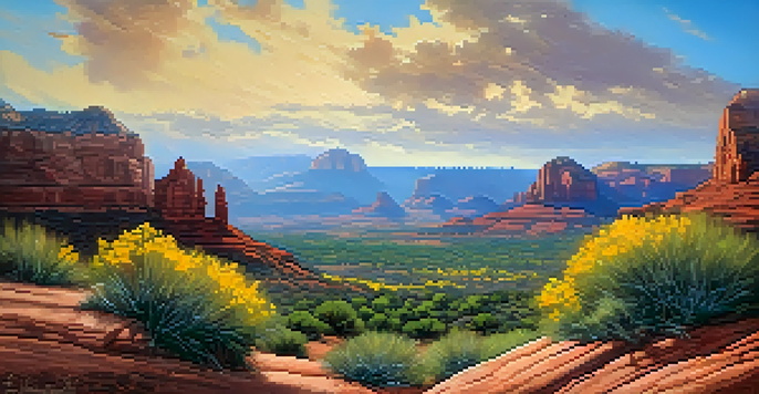 A colorful spring landscape in Sedona with blooming wildflowers and red rock formations under a blue sky.