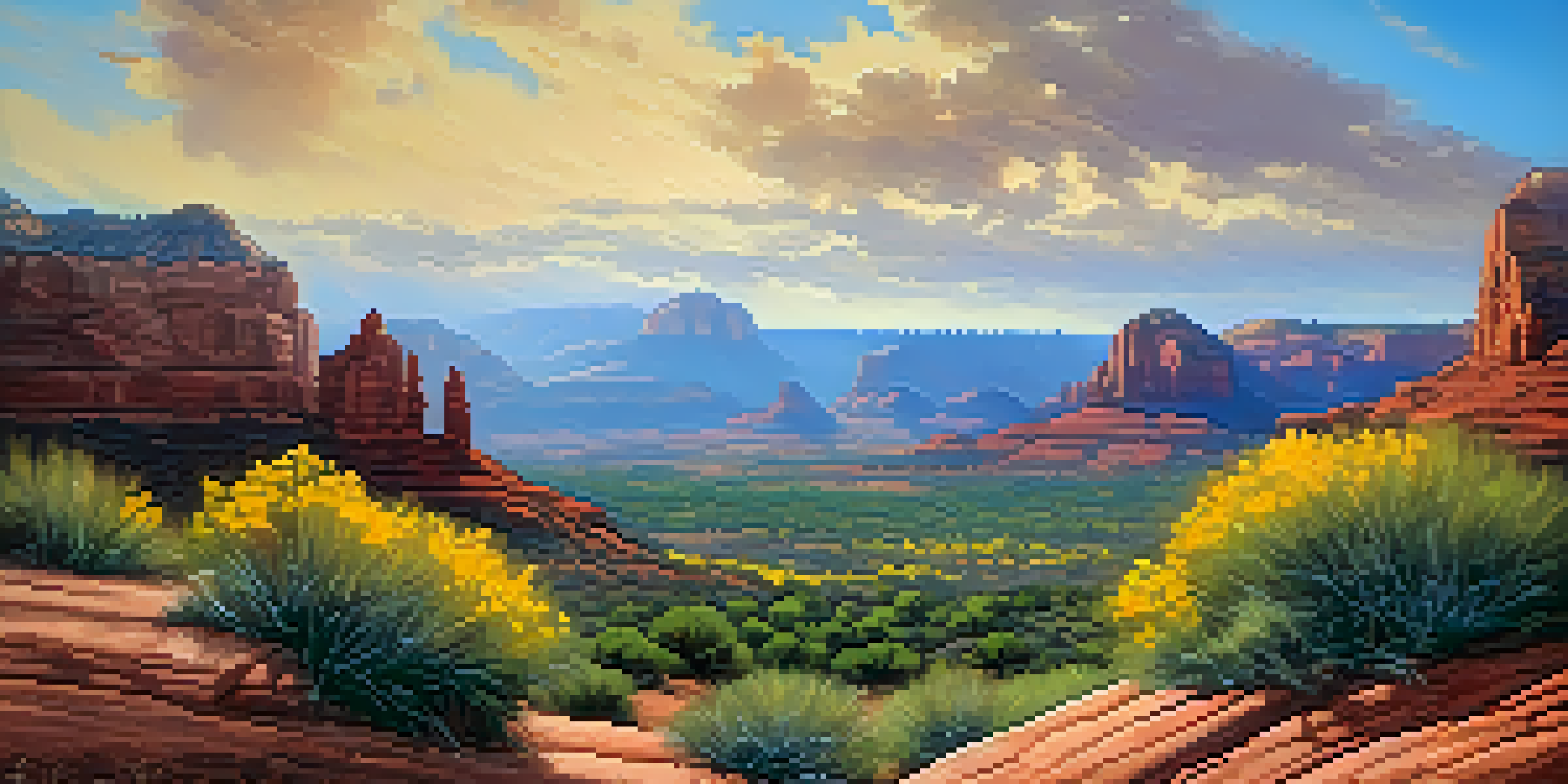 A colorful spring landscape in Sedona with blooming wildflowers and red rock formations under a blue sky.