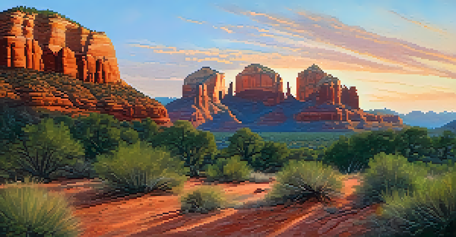 A climber preparing to ascend as the sun rises over Sedona's red rocks, with a beautiful orange and pink sky.