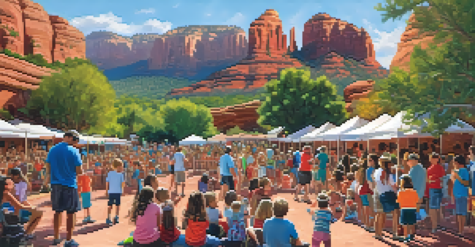 A family-friendly music event in Sedona with children doing crafts and enjoying live music, surrounded by red rock formations.