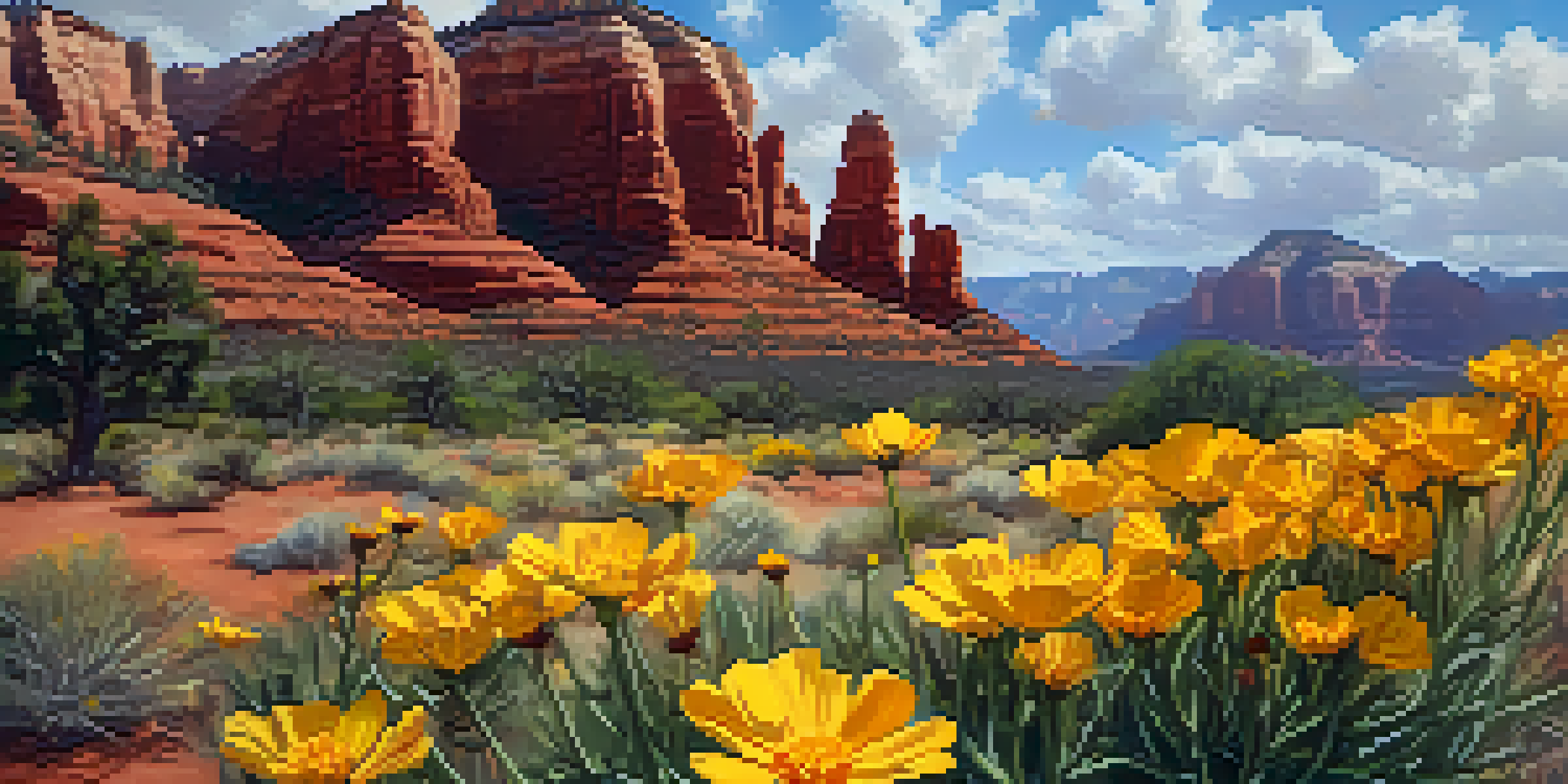 A colorful desert scene in Sedona, with bright yellow marigold flowers in the foreground and red rock formations in the background, illuminated by soft sunlight.