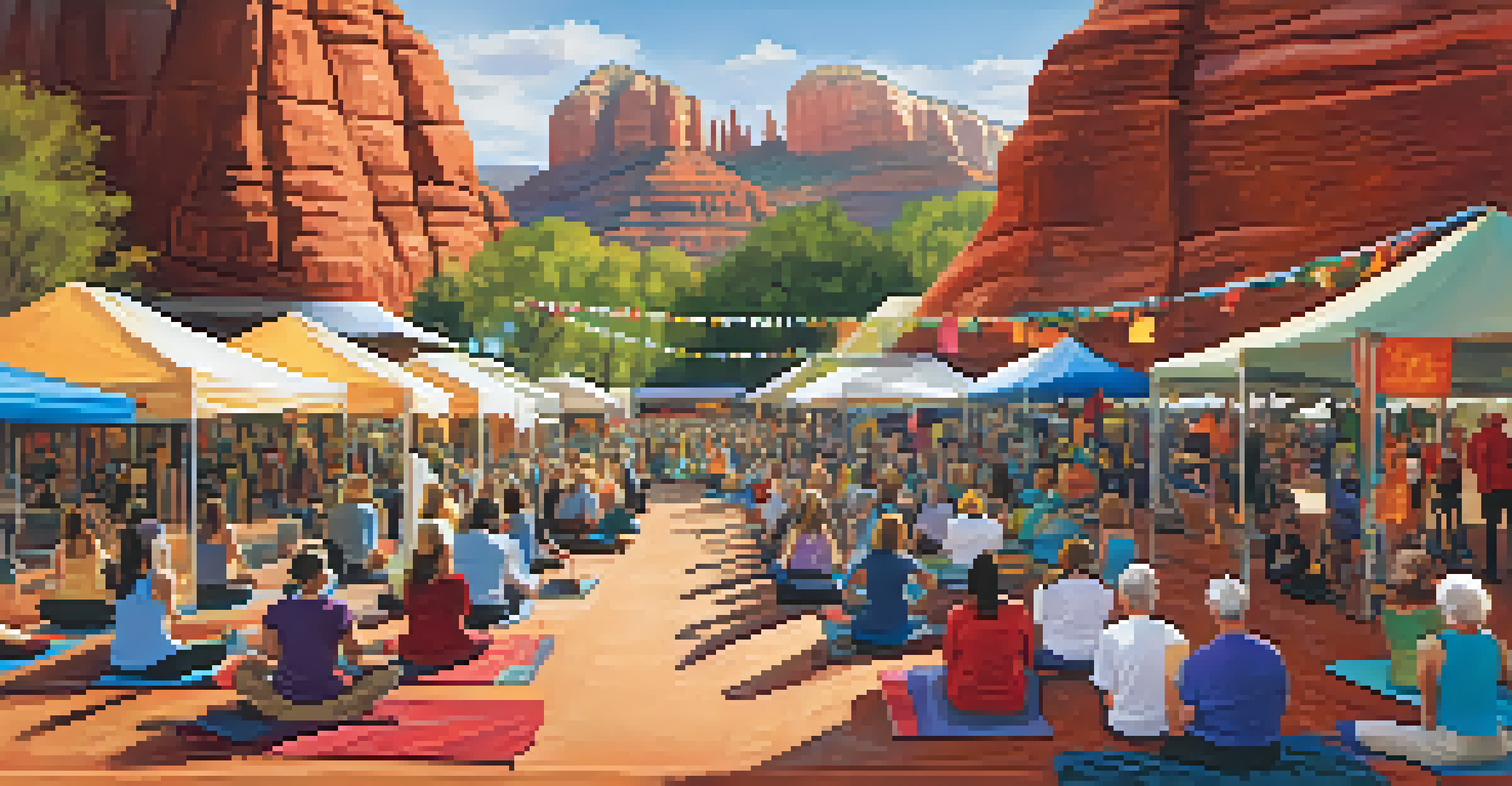 A wellness festival in Sedona with practitioners offering healing services and participants engaging in yoga and meditation, set against red rock formations.
