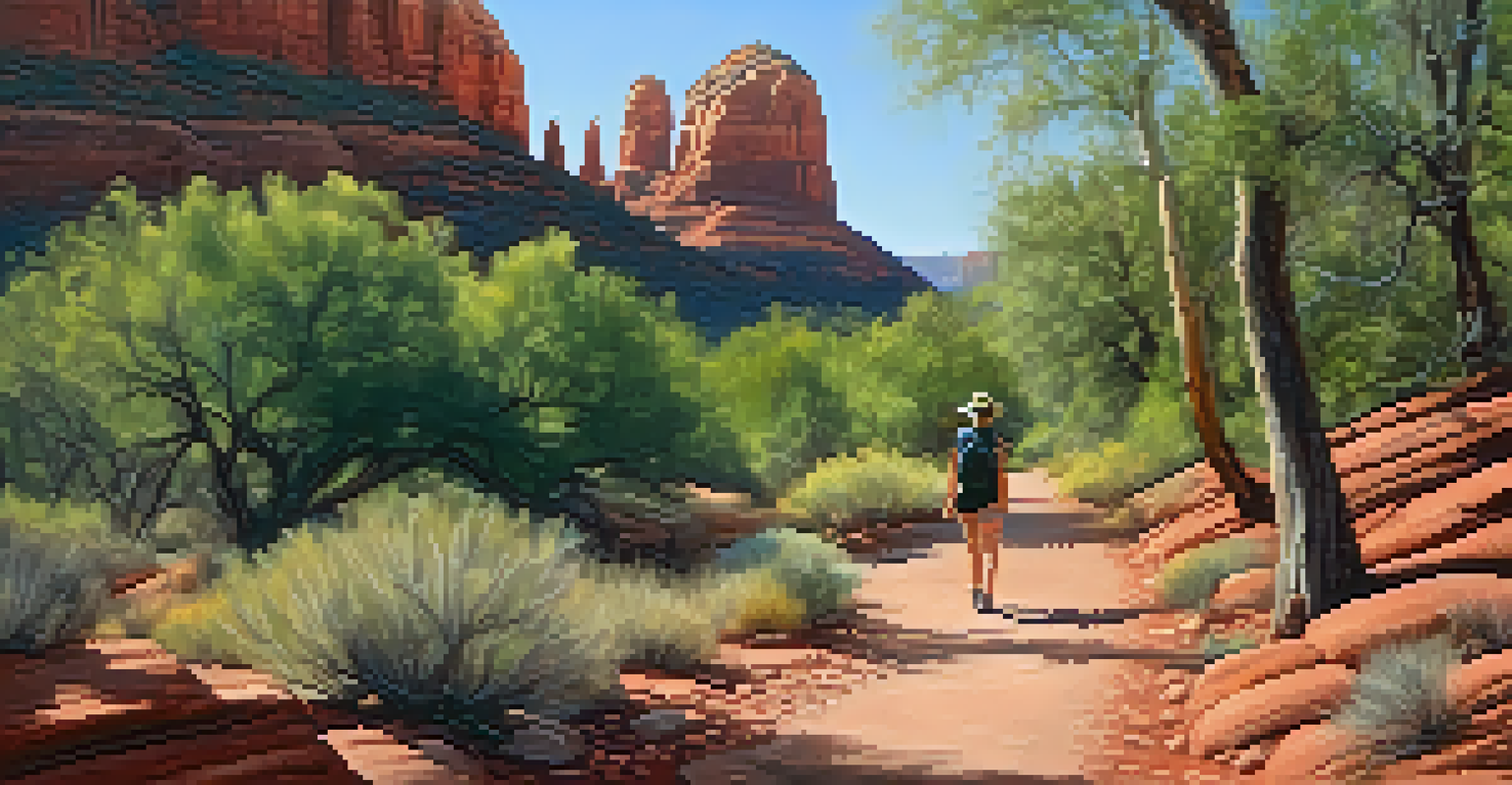 A person hiking on a trail in Sedona, holding an amethyst crystal, surrounded by red rocks and greenery.
