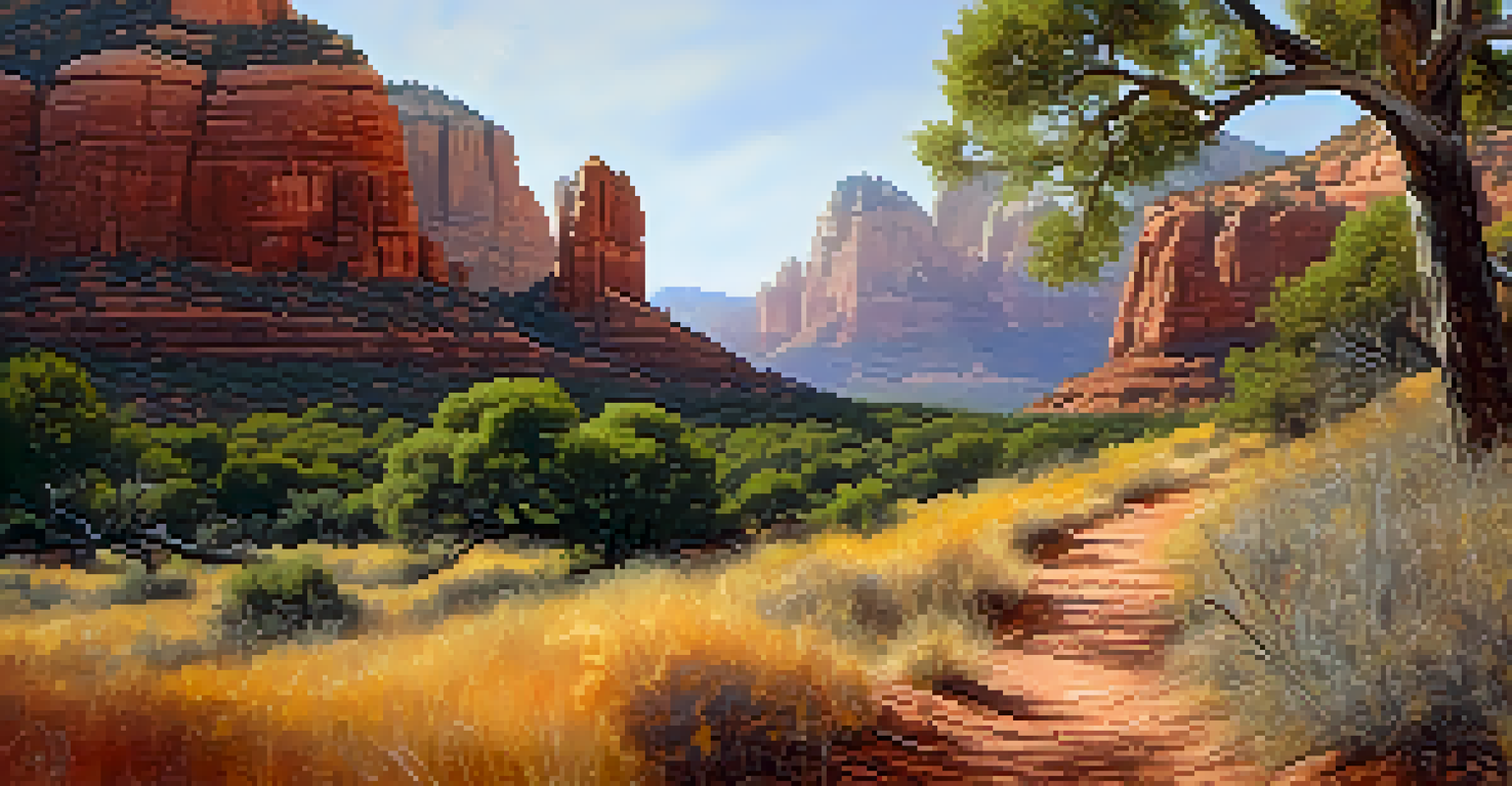 A serene hiking trail in Sedona's oak woodlands with red rock cliffs and dappled sunlight filtering through the trees.