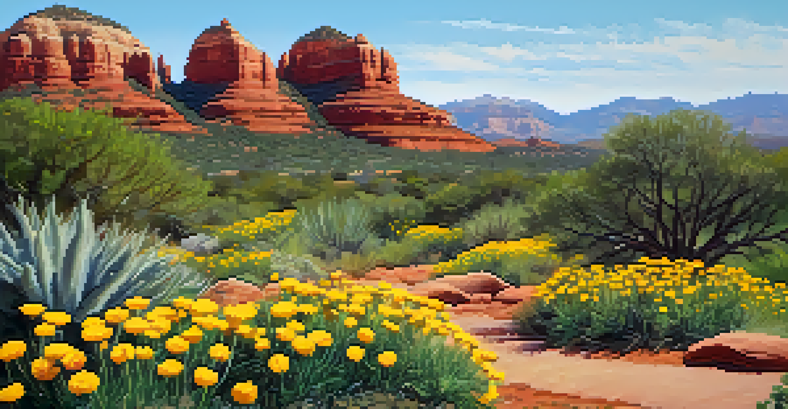 A garden path winding through blooming Desert Marigolds with red rocks in the background during spring.