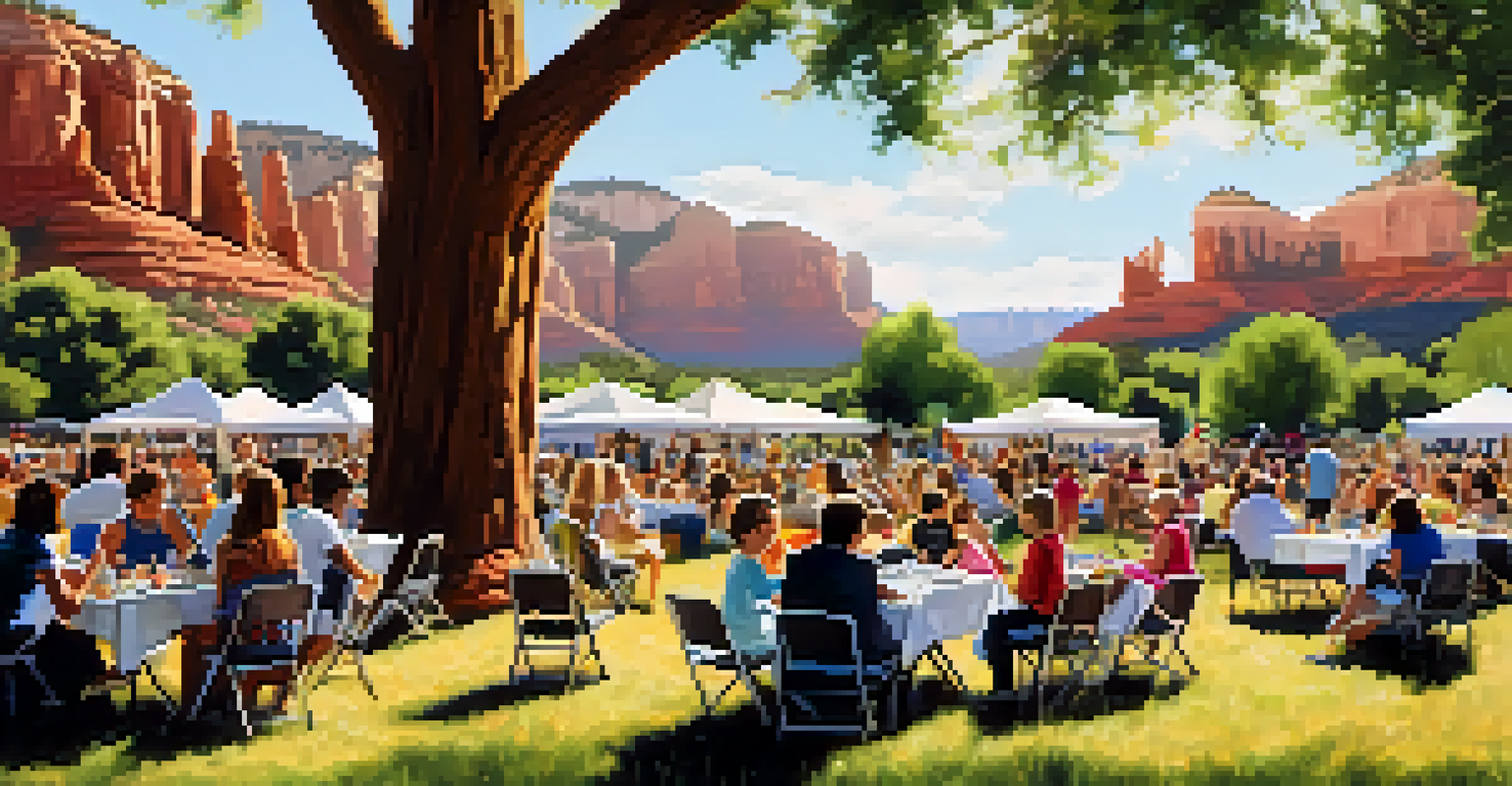 Families enjoying the Sedona Summer Music Festival with picnic blankets and children dancing in a sunny outdoor setting surrounded by beautiful landscapes.