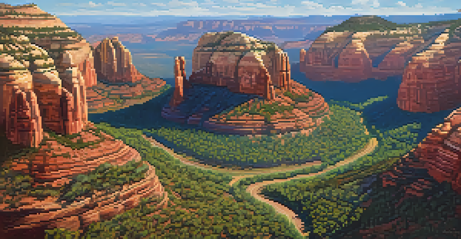 An aerial perspective of Sedona's red rock formations and canyons in morning light.