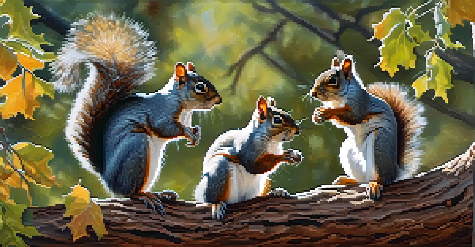 Arizona gray squirrels engaging in playful antics among the oak trees in Sedona, illuminated by sunlight filtering through the leaves.