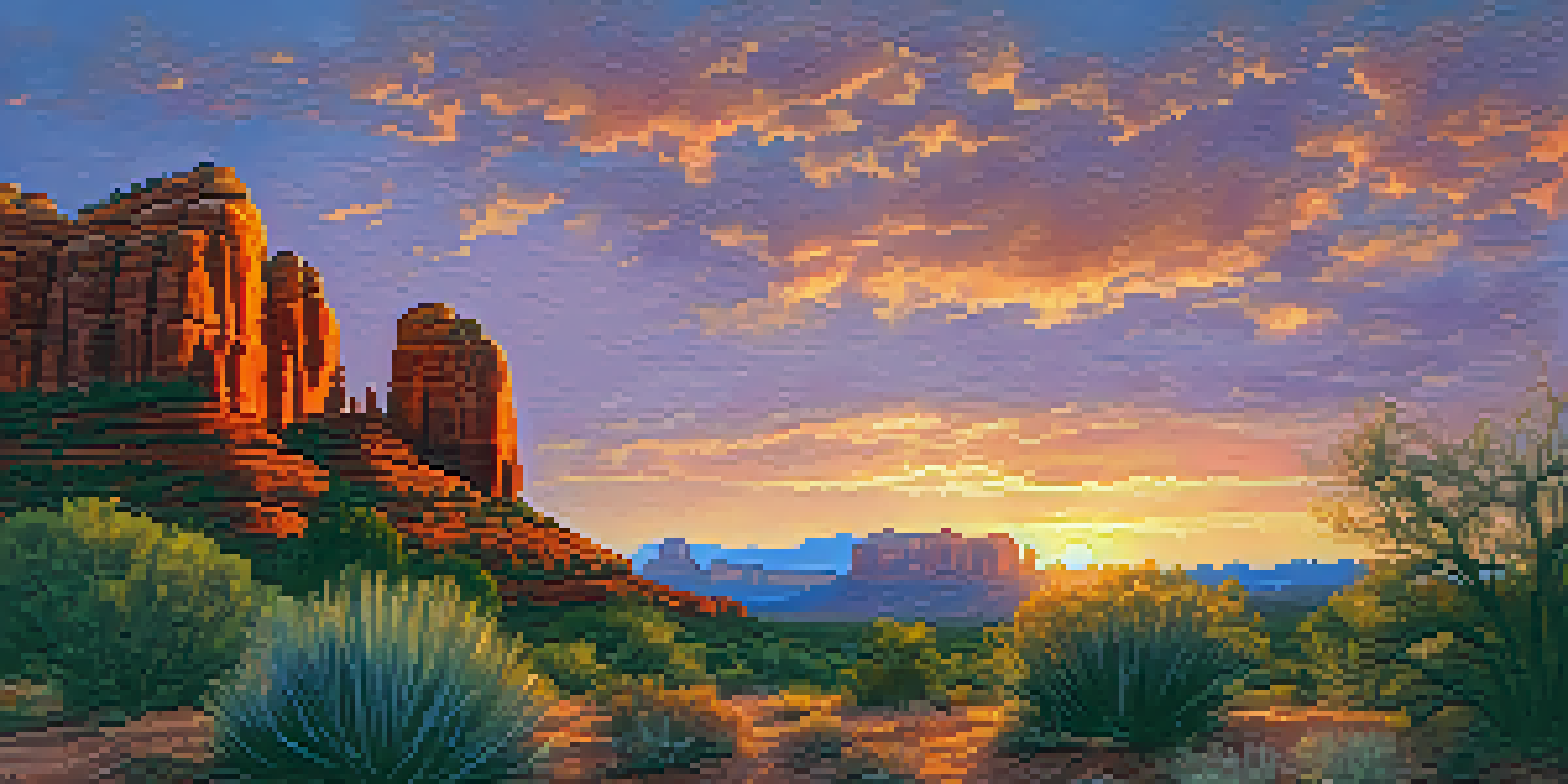 A silhouette of an artist painting a vibrant sunset over Sedona's red rocks, with colorful skies and desert flora.