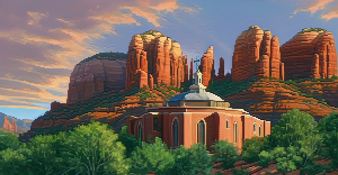 A panoramic view of the Chapel of the Holy Cross surrounded by red rocks during sunset, showcasing its unique architecture against a colorful sky.