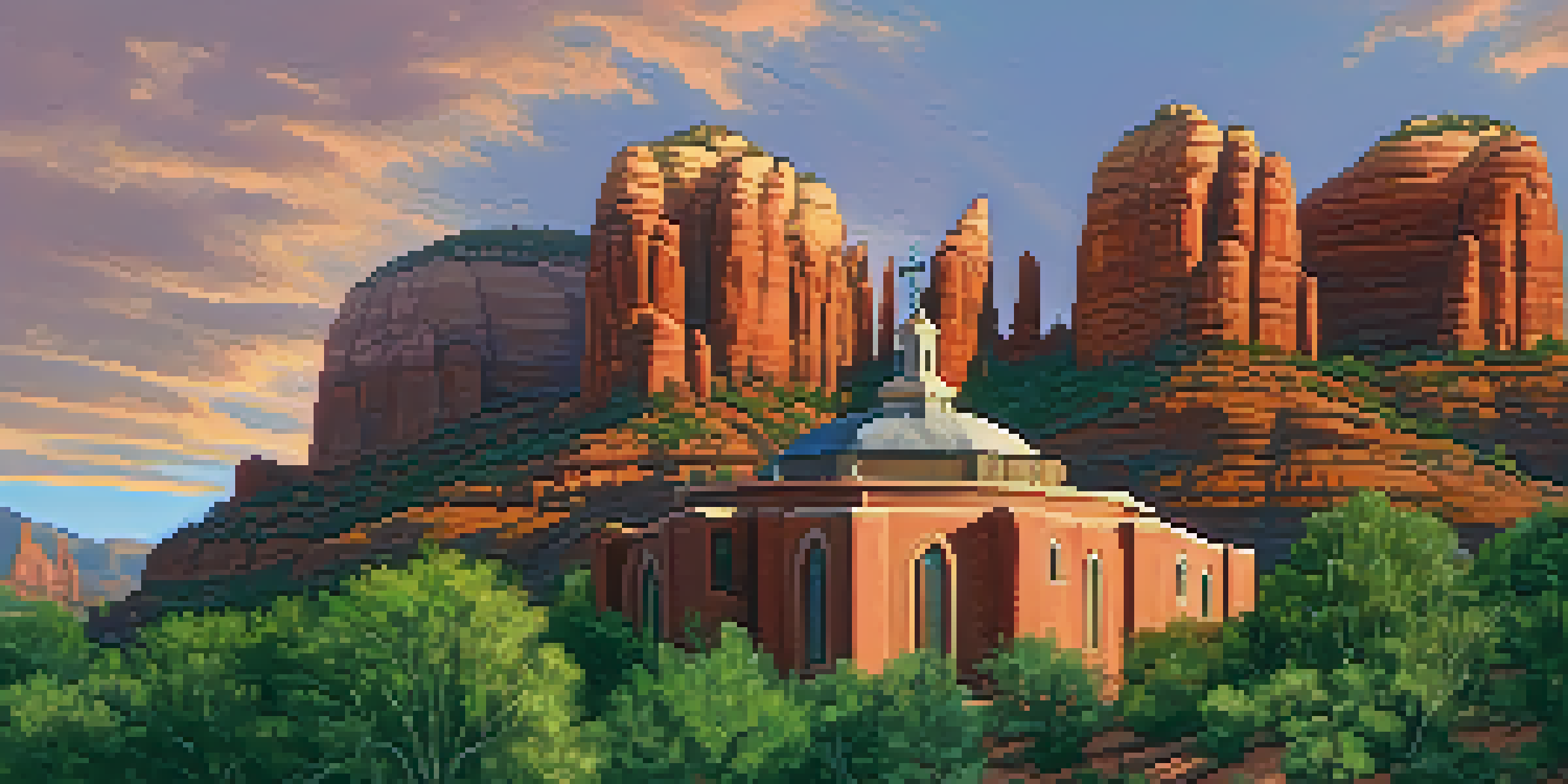 A panoramic view of the Chapel of the Holy Cross surrounded by red rocks during sunset, showcasing its unique architecture against a colorful sky.