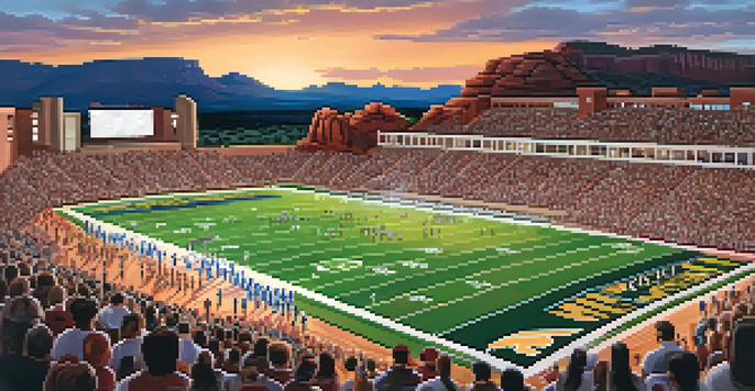 A high school football game in Sedona, with fans in the stands and red rock formations in the background, players in action on the field.