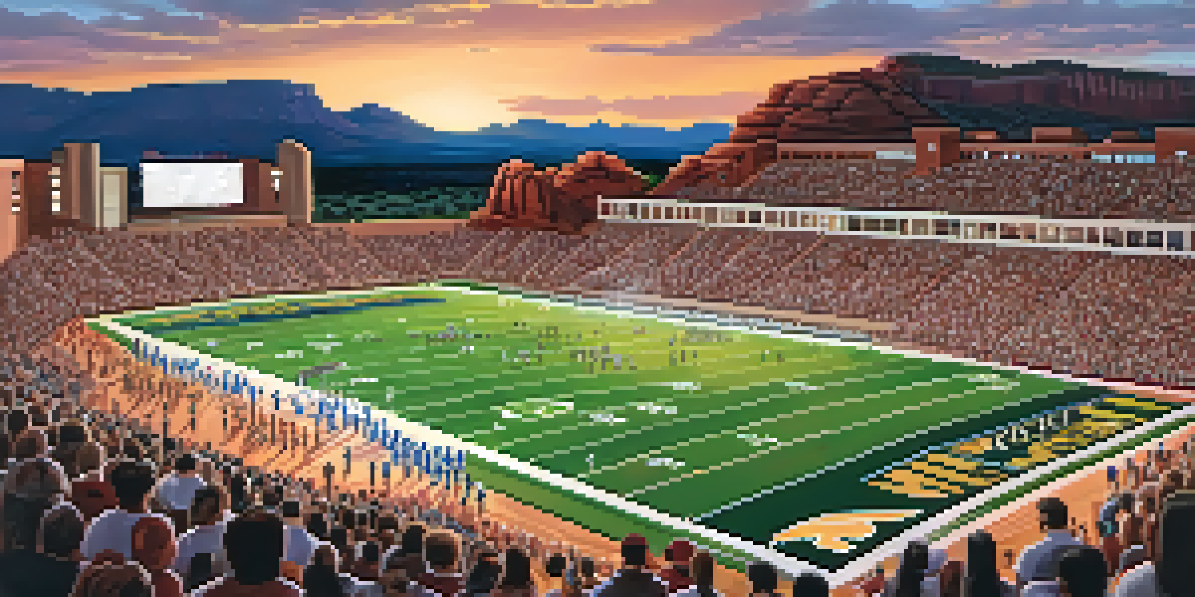 A high school football game in Sedona, with fans in the stands and red rock formations in the background, players in action on the field.