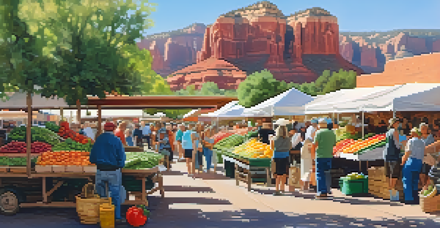 A lively farmers' market in Sedona with colorful stalls full of fresh produce and local crafts, under bright natural light.